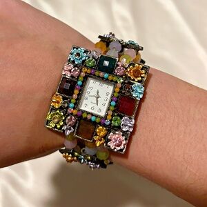 Rare Y2K Geometric Rhinestone Watch Bracelet Statement Multicolor Crystal